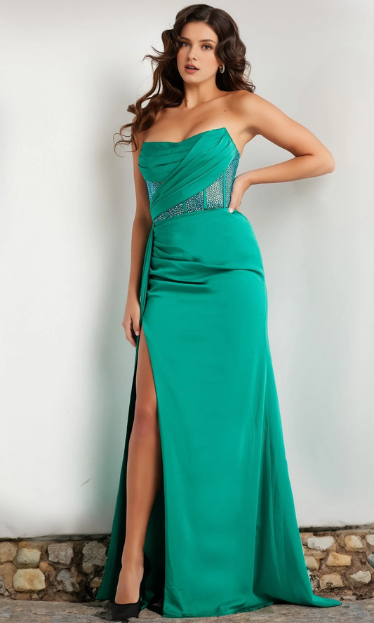 Strapless satin tight corset with side slits and floor length Prom dress