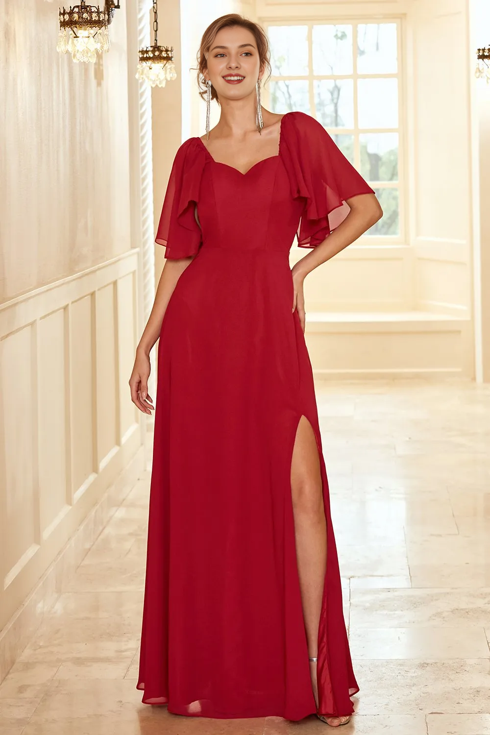 Wine red backless Bohemian style ruffled bridesmaid dress