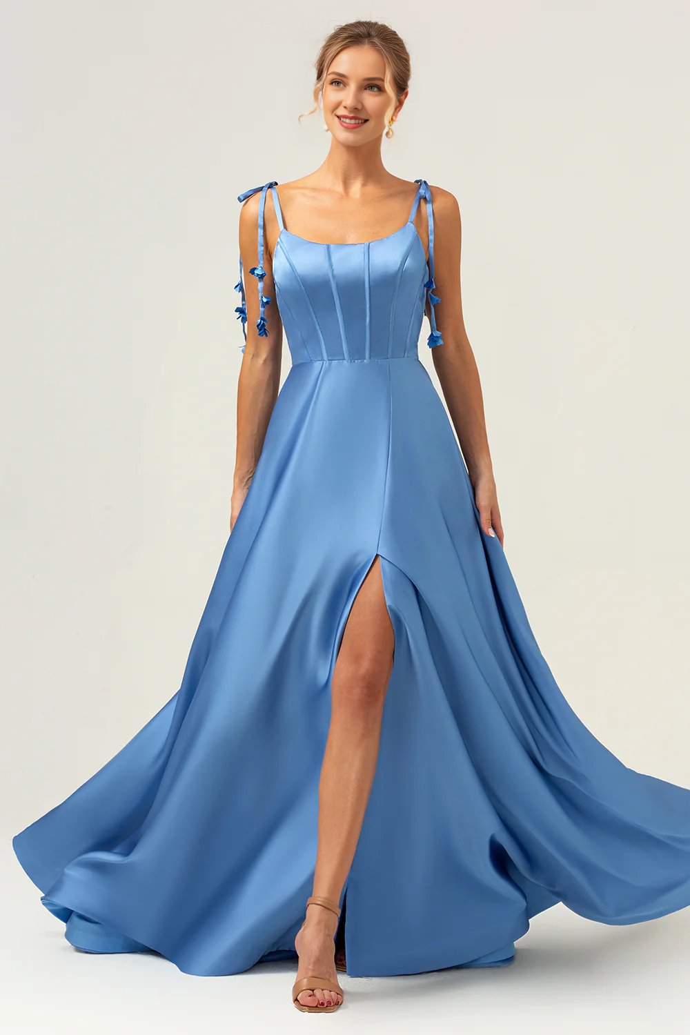 A-line slim shoulder strap tight corset tie back long blue slit bridesmaid dress