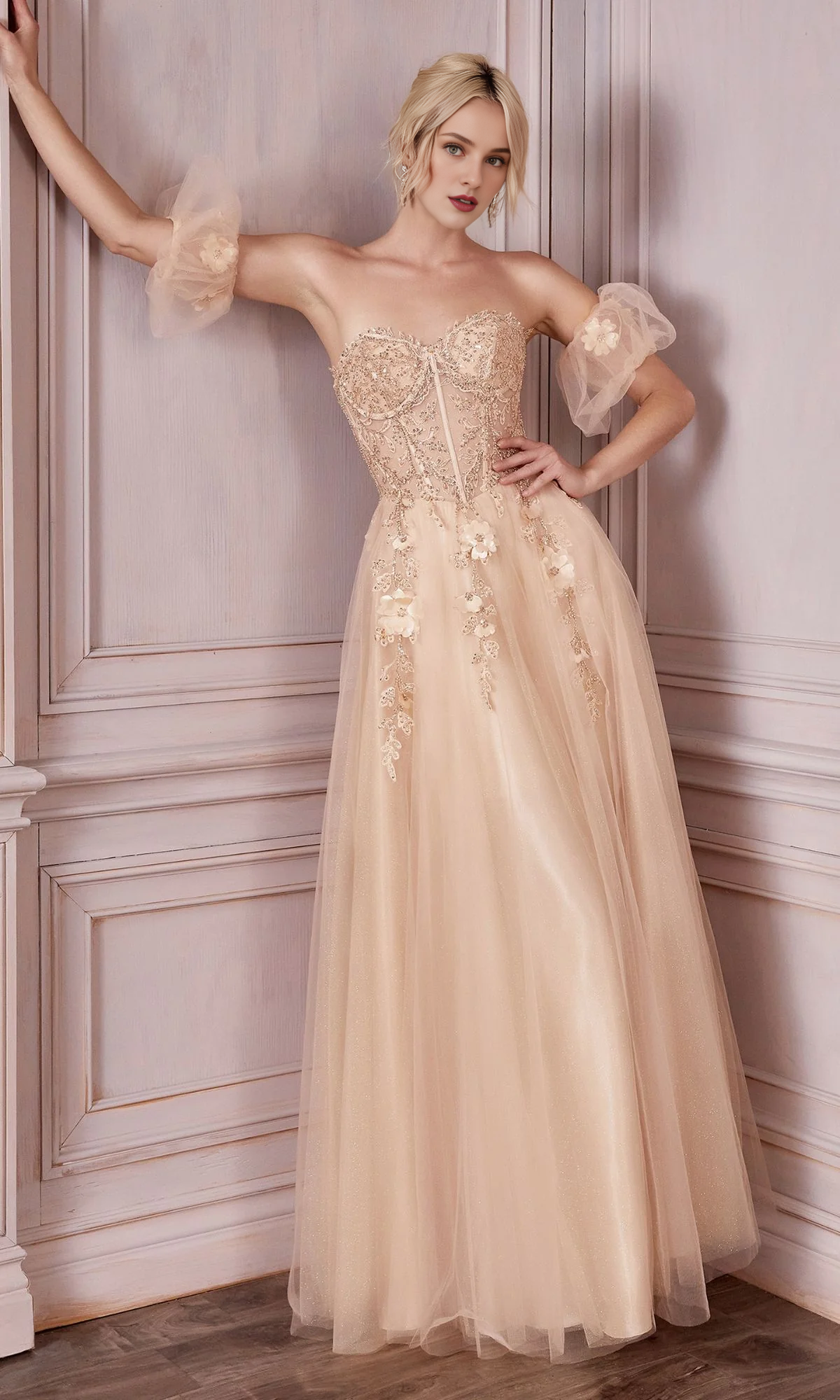 Strapless sweetheart A-line sheer bubble sleeves and floor length Prom dress