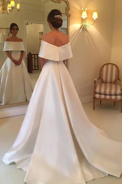 Simple Satin A-line Off the Shoulder Ivory Cheap Bridal Gown Wedding Dresses