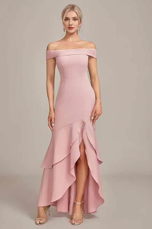 Pink mermaid off shoulder asymmetrical ruffle hem, mother of the bride dress