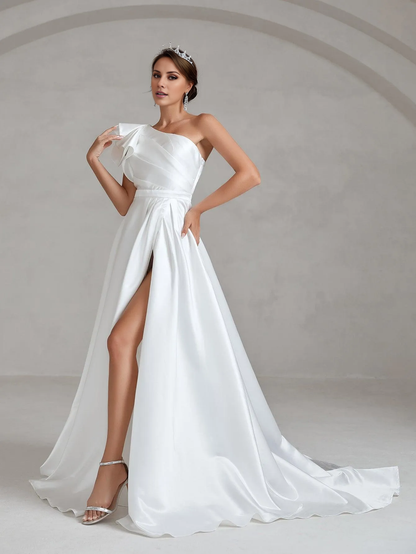 One shoulder satin side slit with ruffle edge and floor length wedding dress