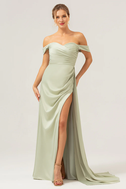 Fashionable sage mermaid off shoulder pleated satin slit long bridesmaid dress