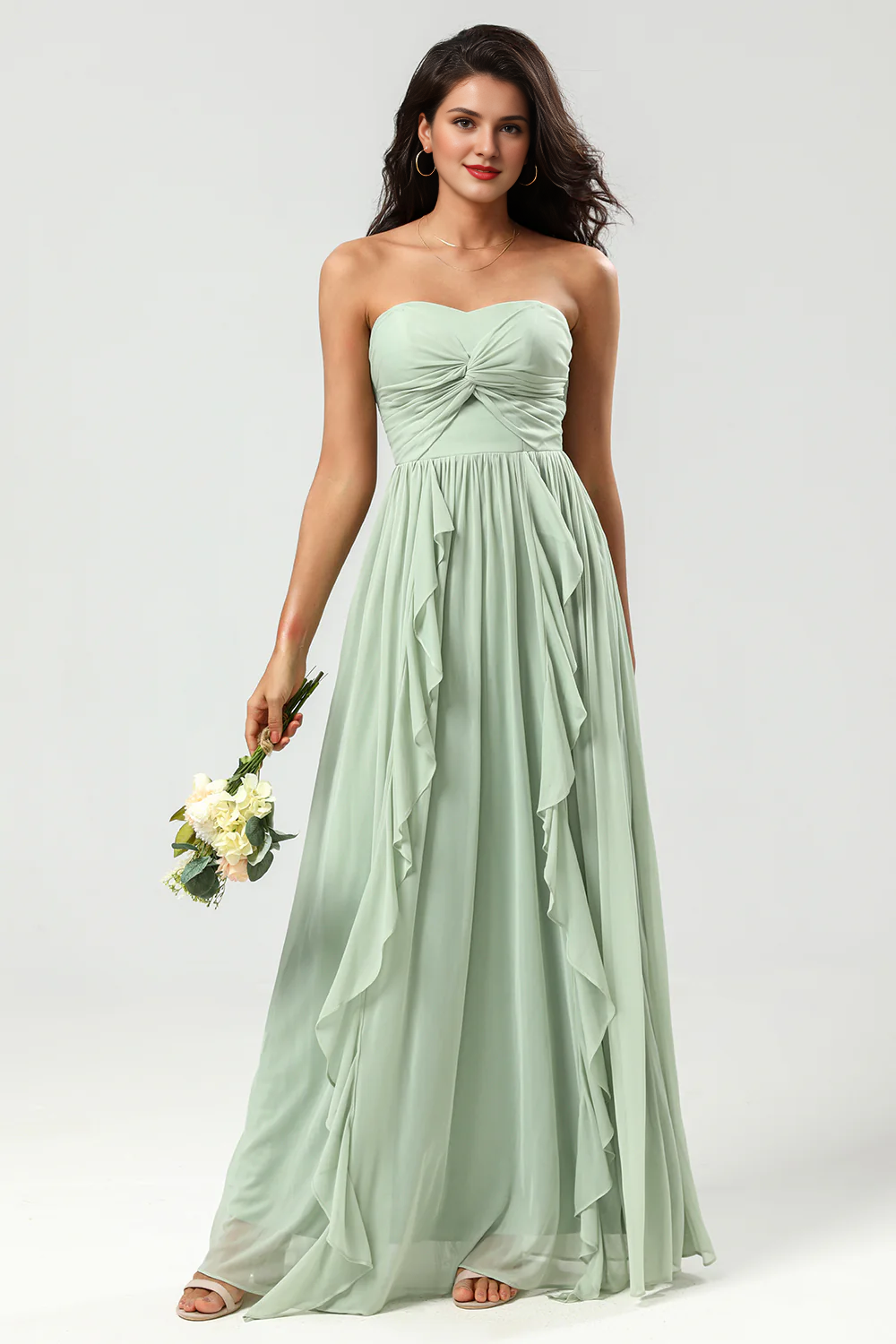 Dusty Sage A Line Sweetheart Long Knitted Chiffon Ruffle Bridesmaid Dress