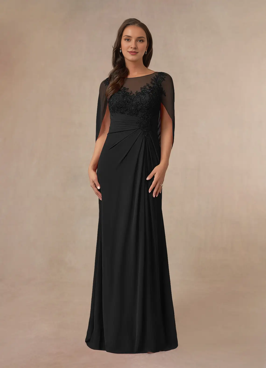 Black A-line lace cape chiffon mother of the bride dress