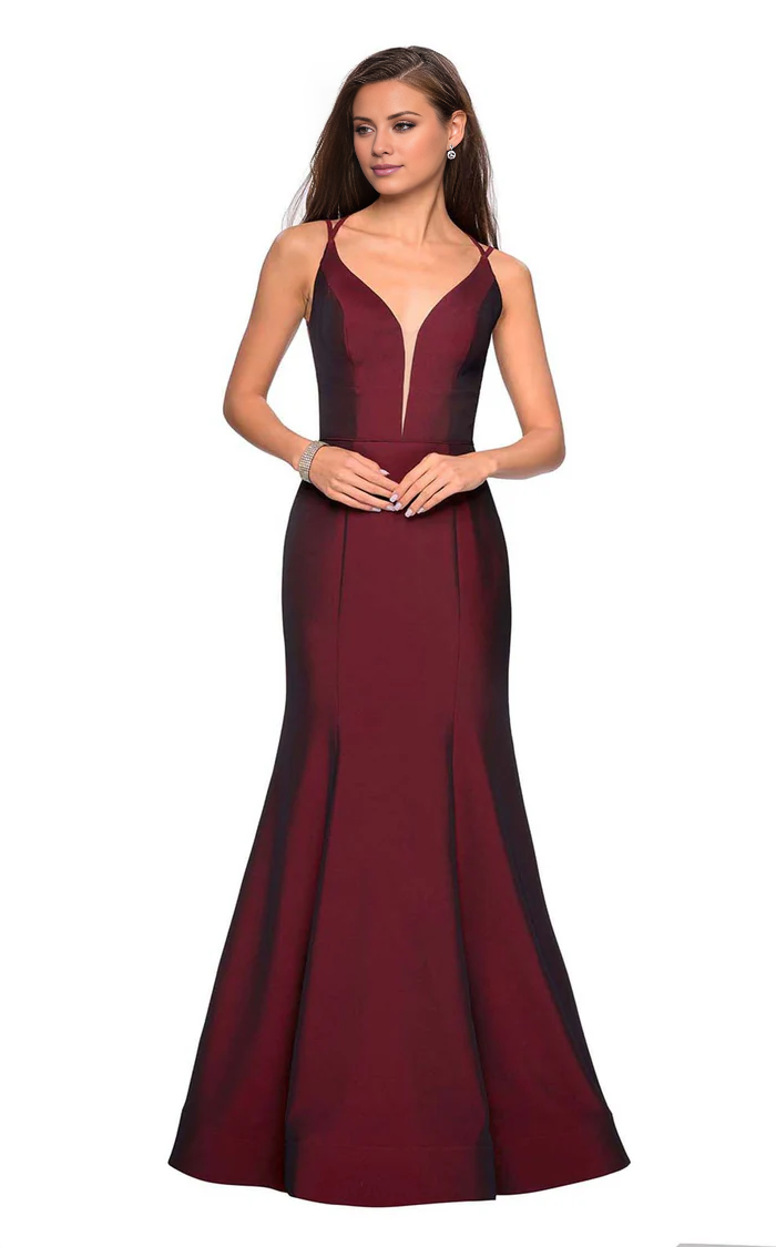 Deep V-neck lace up backless trumpet shaped and floor length evening gown