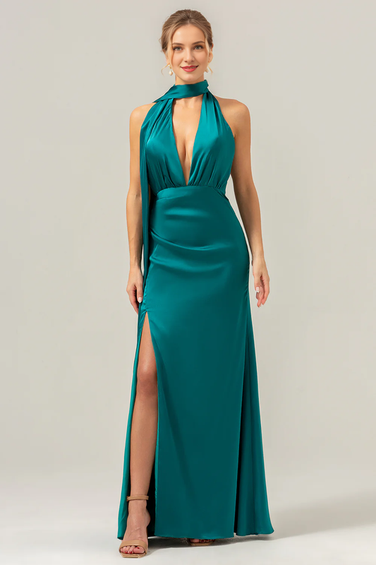 Peacock Sheath Deep V-neck Folded Bareback Long Satin Bridesmaid Dress