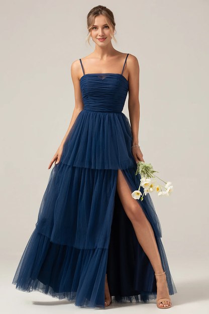 Navy blue A-line thin shoulder strap chiffon pleated long slit bridesmaid dress