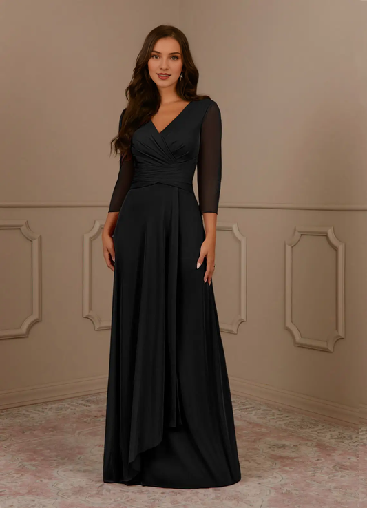 A-line V-neck pleated mesh and floor length mother of the bride dress