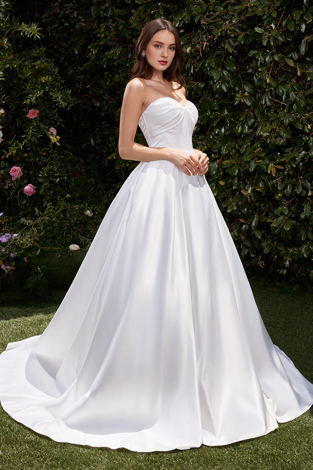 Satin long strapless and floor length wedding dress