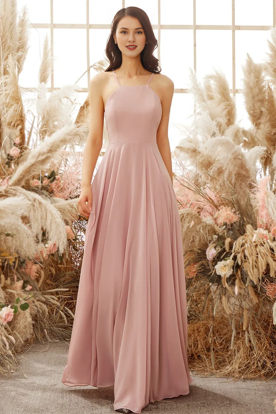 Grey pink chiffon thin shoulder strap backless bridesmaid dress