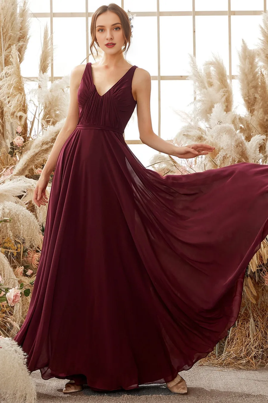 Wine red V-neck chiffon and floor length bridesmaid dress