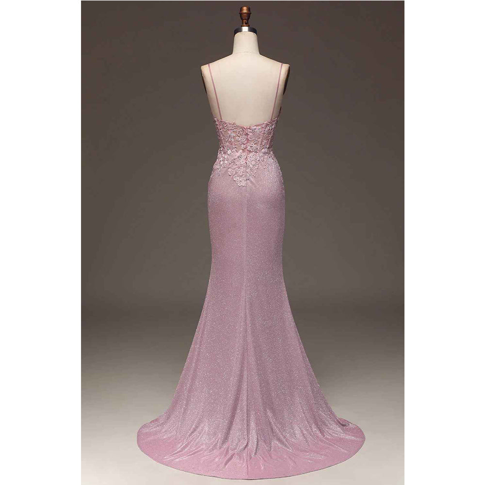 Sparkling pink powder blusher mermaid thin shoulder belt beaded long prom dress