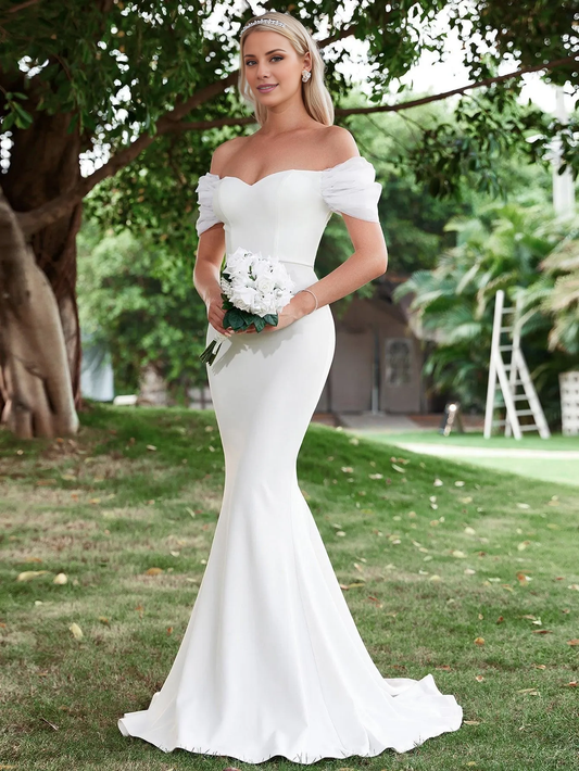 Mermaid off shoulder satin backless and floor length wedding dress