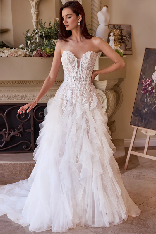 Embroidered floral decal long strapless wedding dress