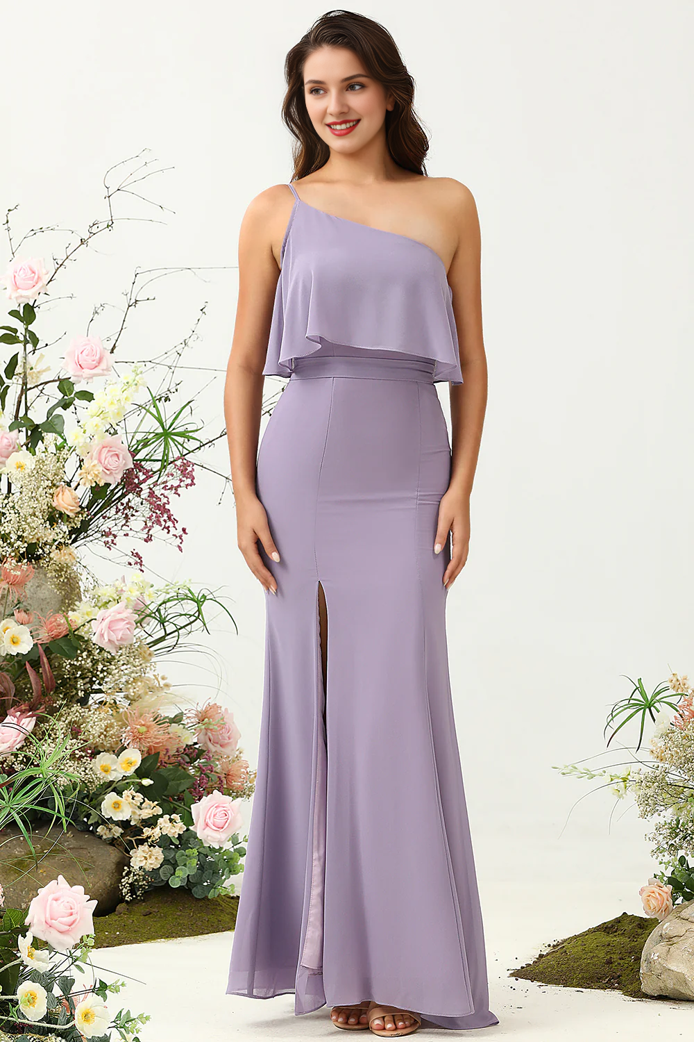 Purple fish tail shoulder lotus leaf edge chiffon bridesmaid dress