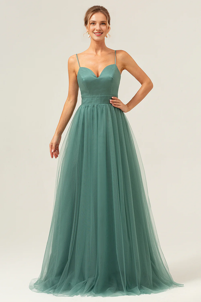 Eucalyptus A-line thin shoulder strap pleated decoration and ground length bridesmaid dress