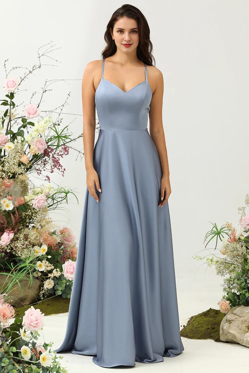 Grey blue A-line thin shoulder strap bright satin ruffled bridesmaid dress