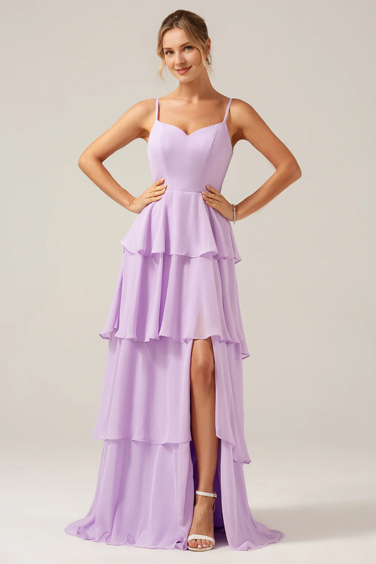 A-line thin shoulder strap layered and floor length slit light purple bridesmaid dress