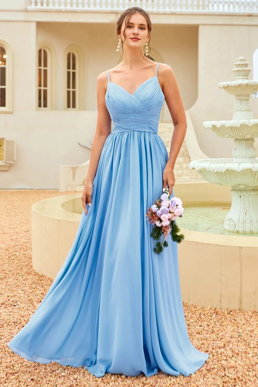 Blue lace thin shoulder strap backless ruffle edge and floor length bridesmaid dress