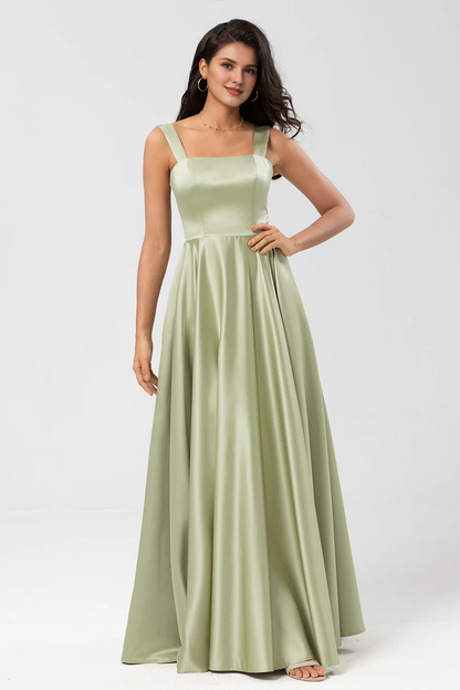 Dusty Sage A-line square collar and floor length satin bridesmaid dress