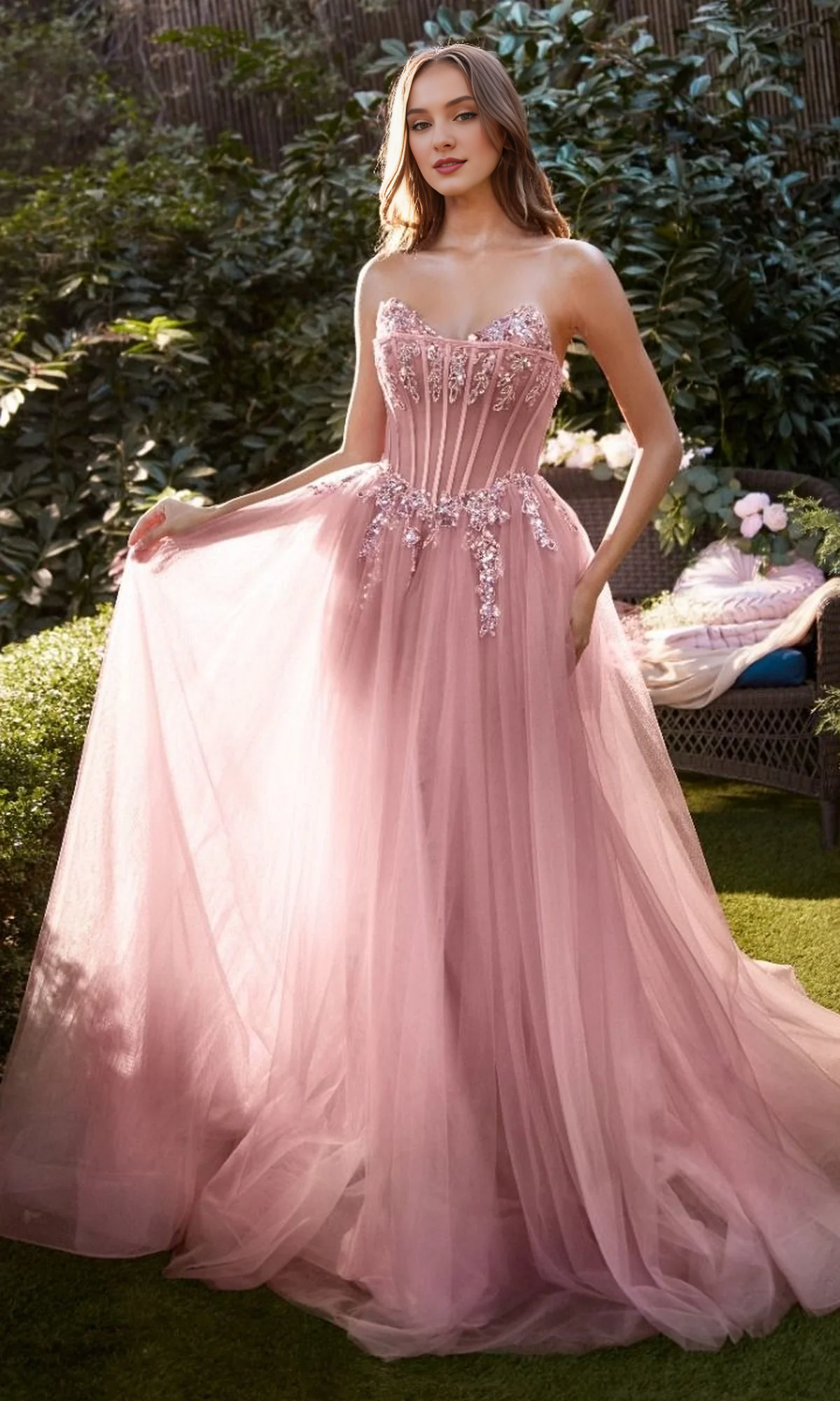 Strapless A-line bead tight corset and floor length Prom dress