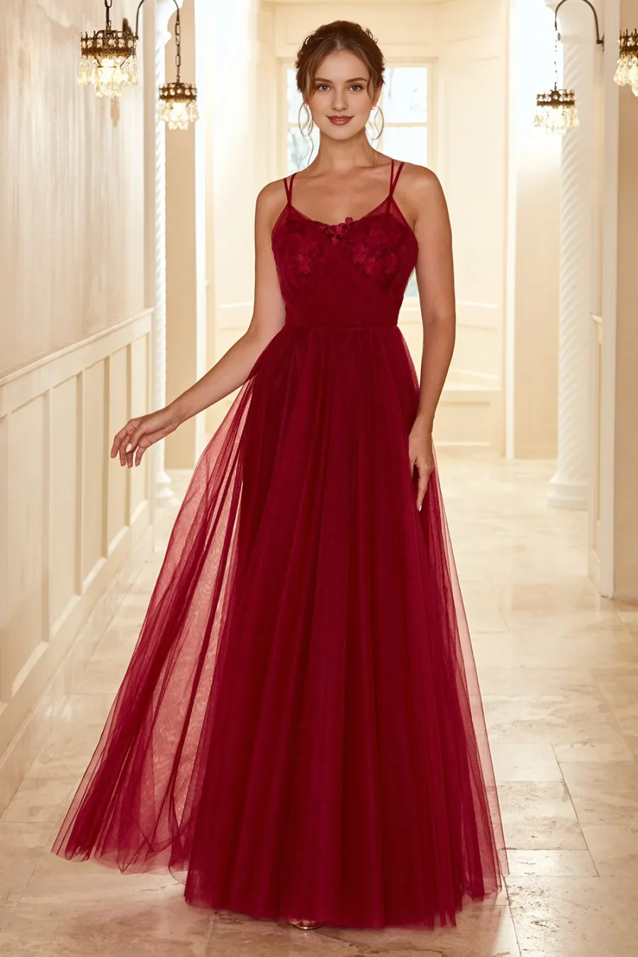 Wine red lace thin shoulder strap and floor length bridesmaid dress