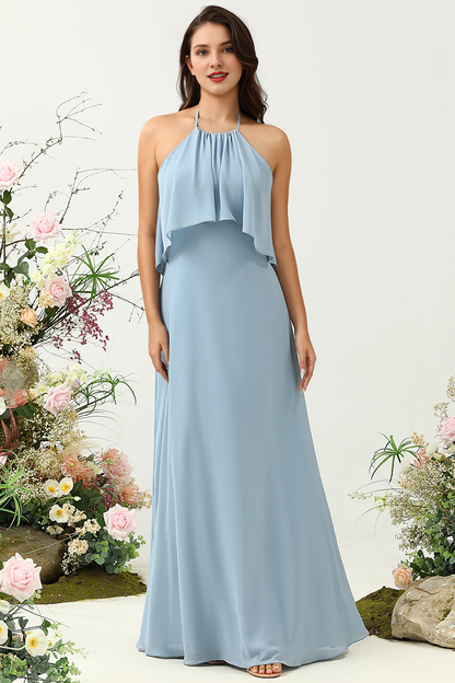 Mist A Line Ruffle Hanging Neck Sleeveless Chiffon Bridesmaid Dress