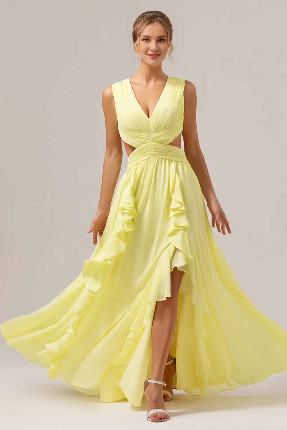 Lemon yellow A-line V-neck hollow out ruffle edge pleated long bridesmaid dress with slits