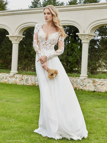 Deep V-neck buttoned church trailing bridal gown