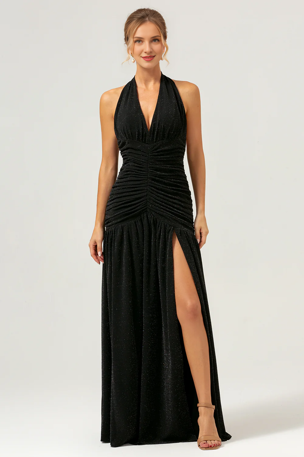 Black A-line hanging neck pleated long slit backless dance dress