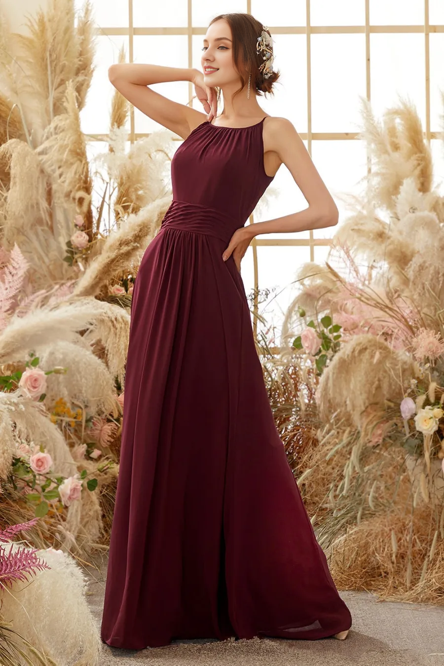 Elegant wine red chiffon neck hanging bridesmaid dress