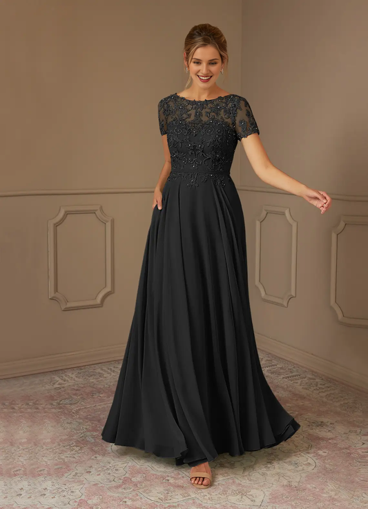 A-line boat collar sequins chiffon and floor length mother of the bride dress