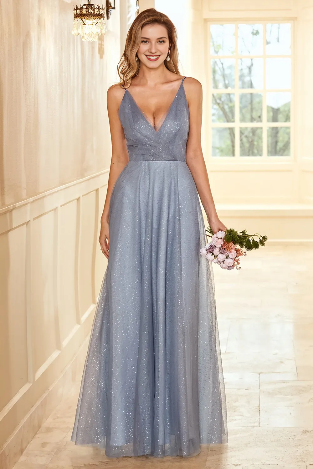 A-line thin shoulder strap gray blue long bridesmaid dress