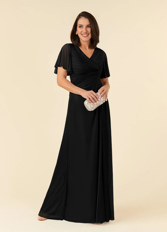 A-line V-neck pleated mesh and floor length mother of the bride dress