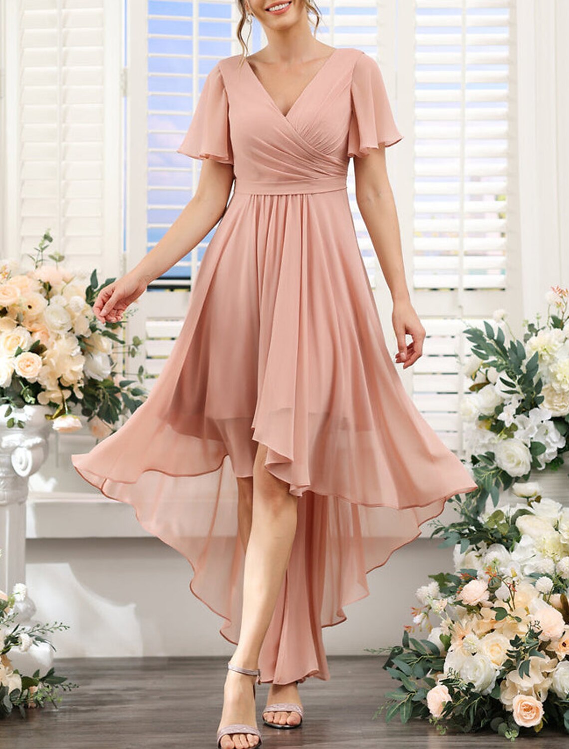 A-Line Bridesmaid Dress V Neck Short Sleeve Pink Asymmetrical Chiffon with Ruching / Solid Color