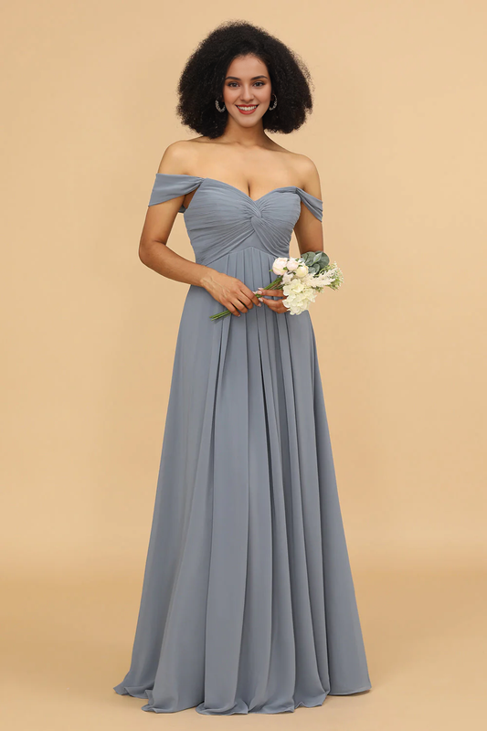 Grey blue A-line shoulder length chiffon bridesmaid dress