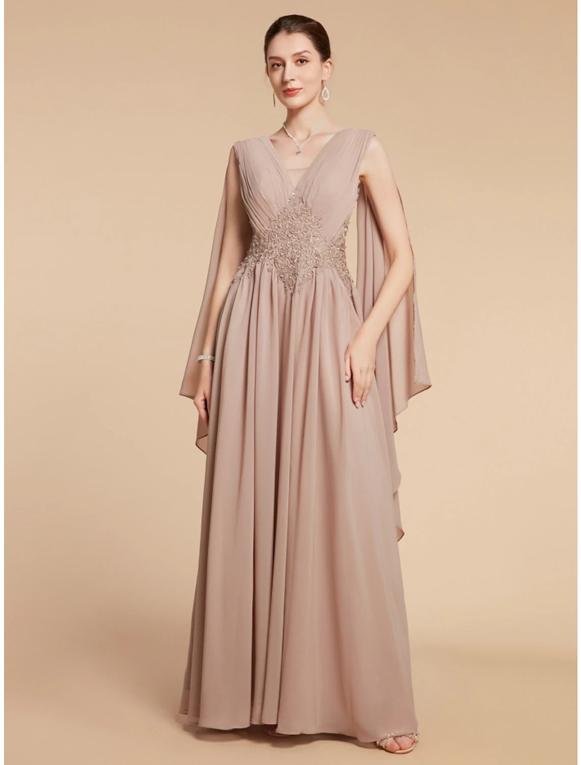 A-Line Mother of the Bride Dress Wedding Guest Elegant V Neck Ankle Length Chiffon Lace Sleeveless with Ruching Solid Color