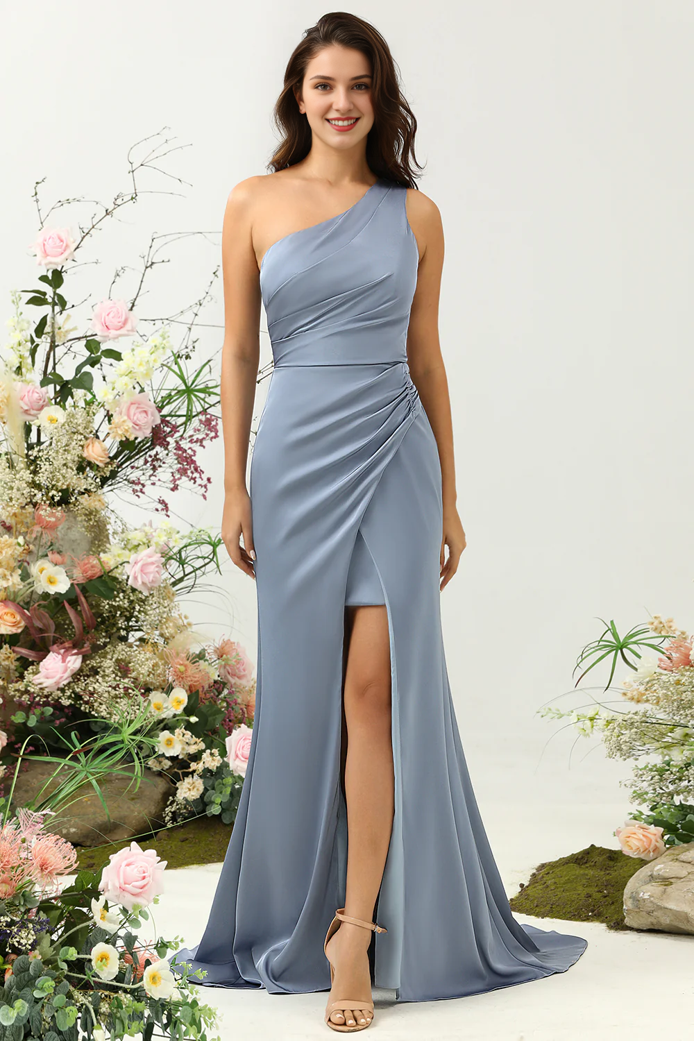 Grey blue mermaid one shoulder pleated bright satin bridesmaid dress