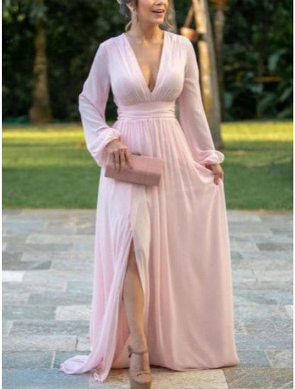A-Line Mother of the Bride Dress Wedding Guest Elegant V Neck Sweep / Brush Train Chiffon Long Sleeve with Split Front Ruching