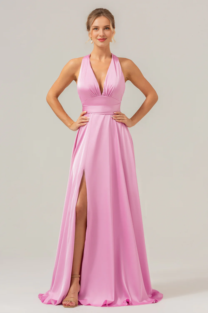 Pink A-line deep V-neck lace up back long slit satin bridesmaid dress