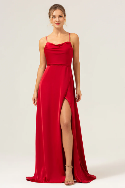 Wine red A-line collar slit long satin bridesmaid dress