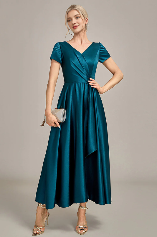 Peacock Green V-neck A-line pleated satin bridal mother gown