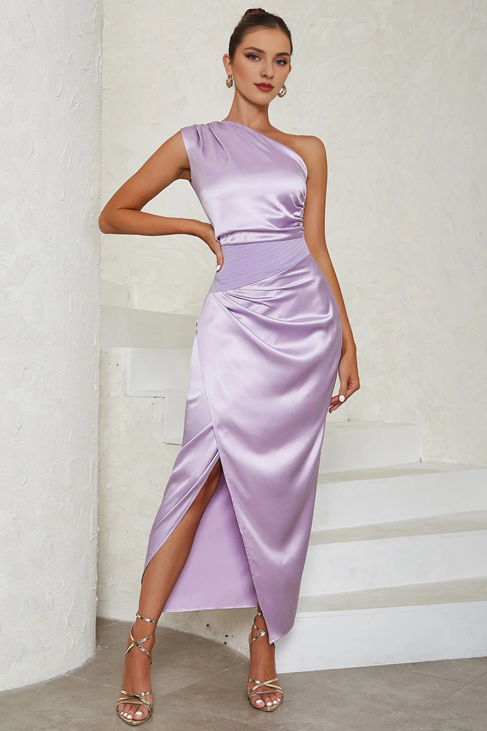 Lavender purple tight one shoulder slit tea long formal dress