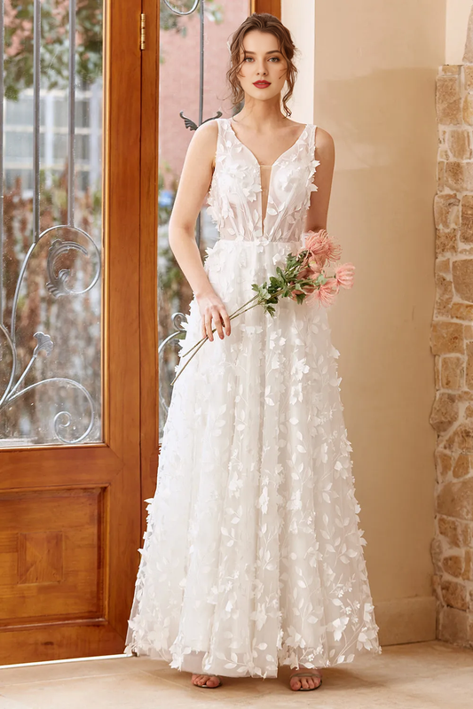 White applique chiffon and floor length wedding dress