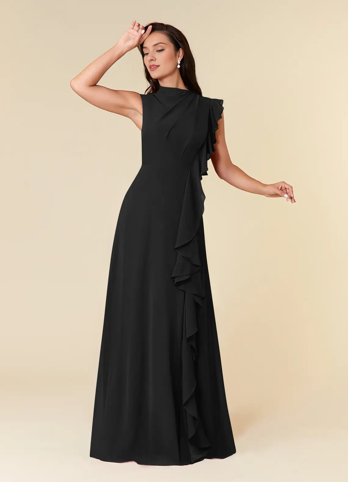 A-line high neck pleated chiffon and floor length mother of bride dress