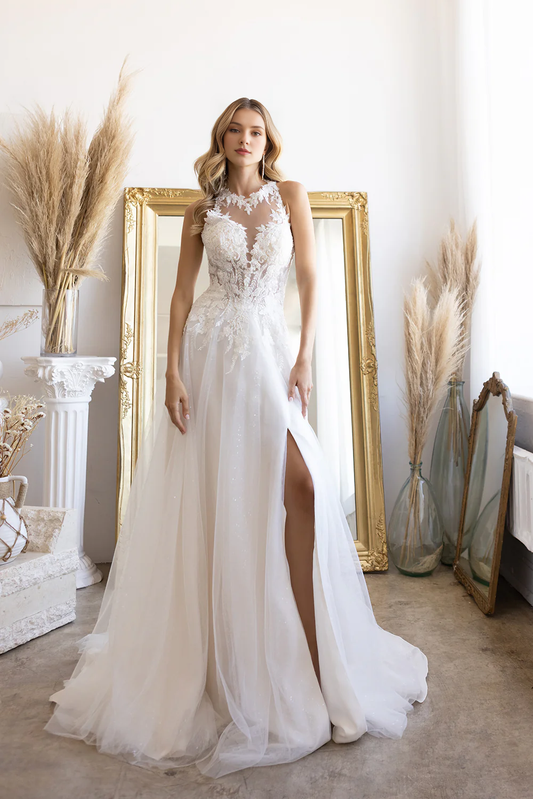 Embroidered lace applique long sleeveless hanging neck wedding dress