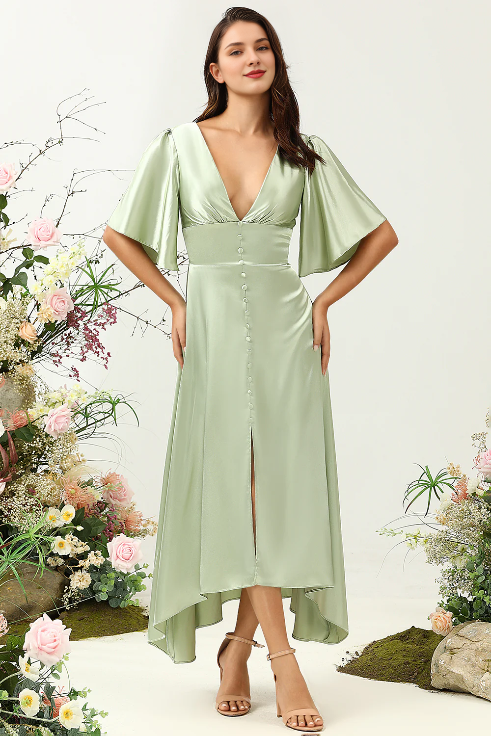 Dusty Sage A-line deep V-neck half sleeved bridesmaid dress