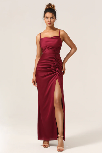 Tight fitting thin shoulder strap wine red front slit long bridesmaid dress